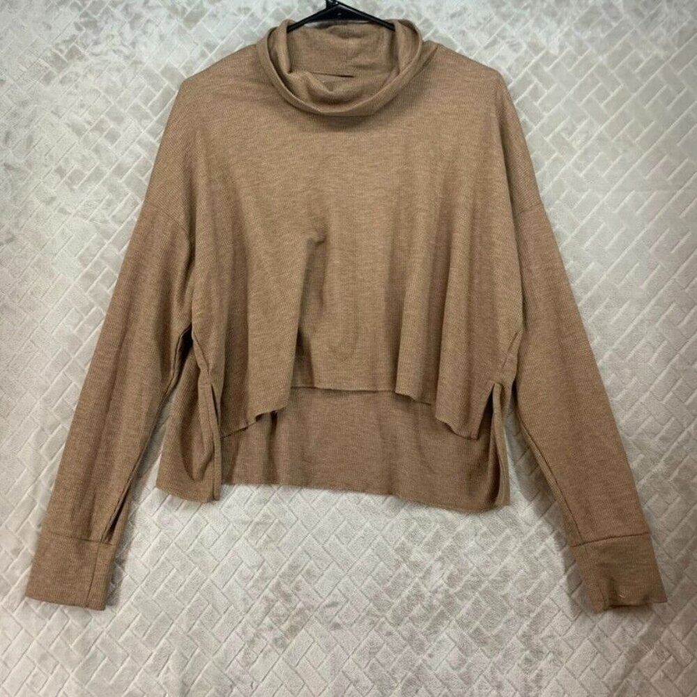 American Eagle Womens Oversized Small Shirt Tan Brown Turtle Neck Waffle Knit